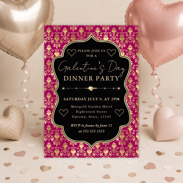 Rosa & Guld Hjärt Damascos Galentine's Middagspart Inbjudningar (Skapare uppladdad)