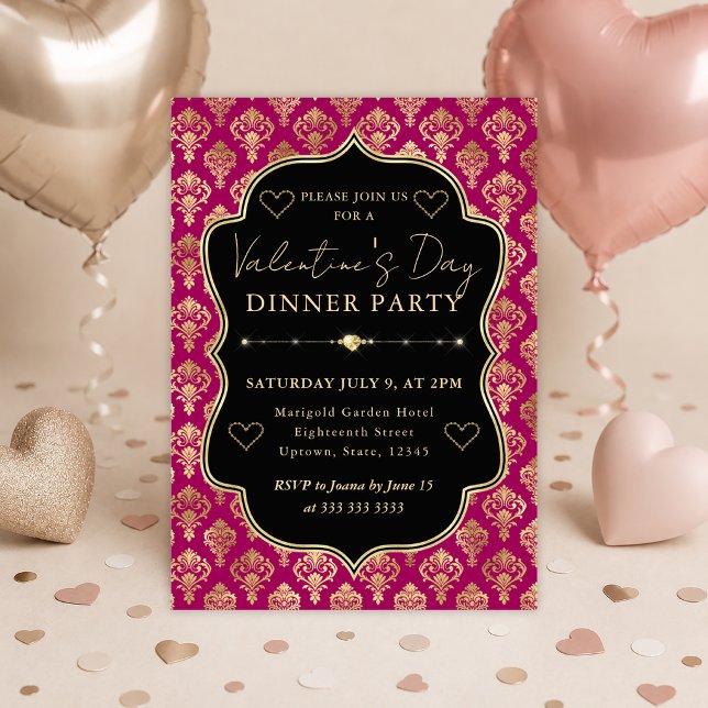 Rosa & Guld Hjärt Damascosk Valentine Middag Inbjudningar (Skapare uppladdad)