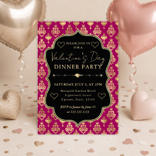 Rosa & Guld Hjärt Damask Alla Hjärtans Dags Middag Inbjudningar