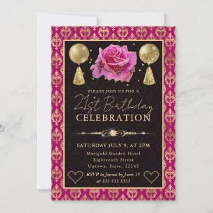 Rosa & Guld Hjärt-Damask & Ros 21-årsdag Inbjudningar