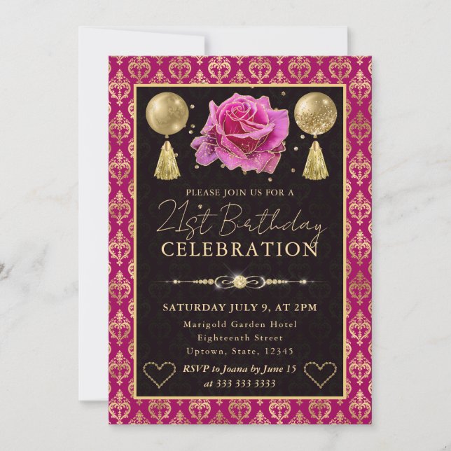 Rosa & Guld Hjärt-Damask & Ros 21-årsdag Inbjudningar (Framsida)