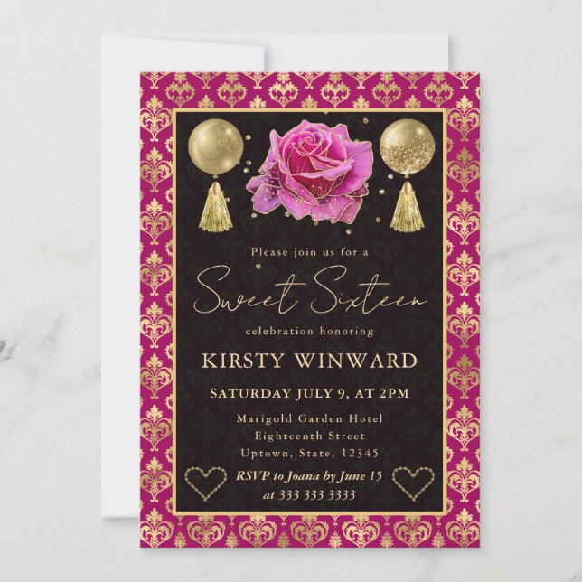 Rosa & Guld Hjärt-Damask & Ros Söta 16 Inbjudningar (Framsida)