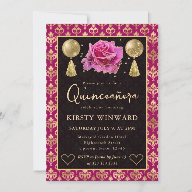 Rosa & Guld Hjärt-Damask & Ros Söta 16 Inbjudningar (Framsida)
