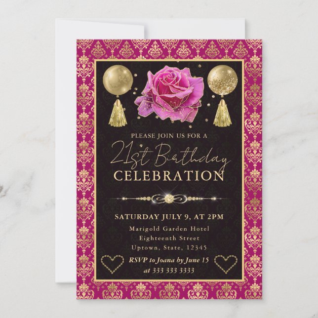 Rosa & Guld Hjärtan Damask & Ros 21-årsdag Inbjudningar (Framsida)