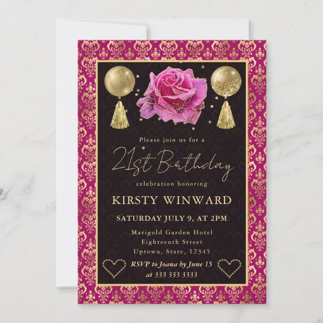 Rosa & Guld Hjärtan Damask & Ros 21-årsdag Inbjudningar (Framsida)