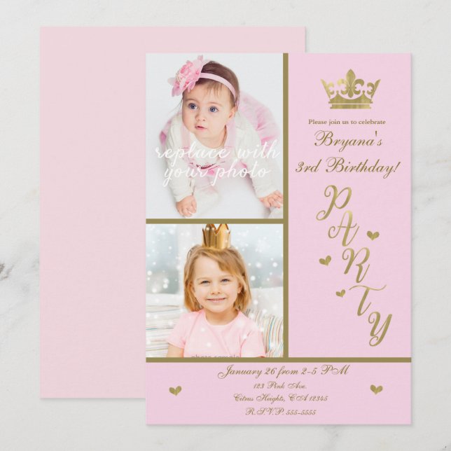 Rosa & Guld Hjärtan Prinsessa Krona 2 Foto Fest Inbjudningar (Fram/baksida)