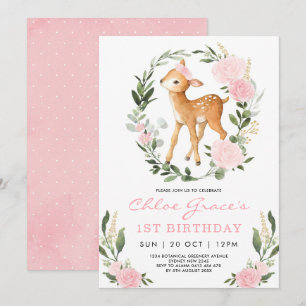 Rosa Guld Hjort Simple Greenery Forest Birthday Inbjudningar