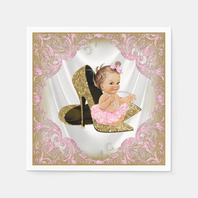 Rosa guld högklackad sko pärlflicka baby shower pappersservett (Framsidan)