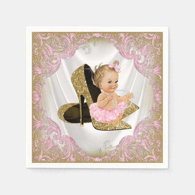 Rosa guld högklackad sko Pärlflicka Baby Shower Pappersservett (Framsidan)