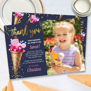 Rosa Guld Ice Cream Birthday Navy Blue Photo Tack Kort