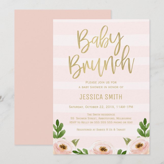 Rosa guld- inbjudan för Calligraphyrobaby shower (Fram/baksida)