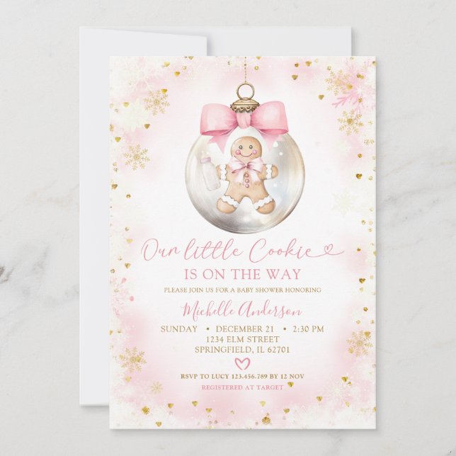 Rosa Guld jul Baubles Cookie Baby Shower Inbjudningar (Framsida)