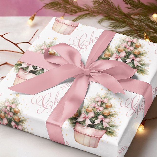 Rosa Guld Julgran Ornament & Bows Presentpapper (Skapare uppladdad)