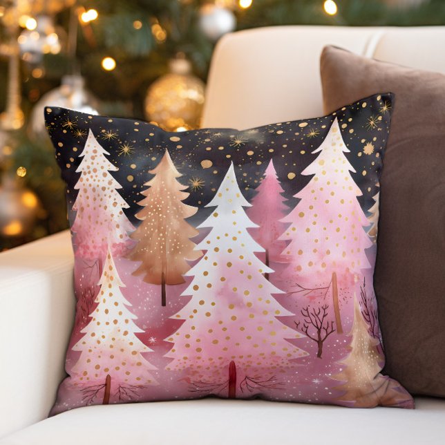 Rosa Guld Julgranar Snöflingor Natten Himlar Kudde (Pink Christmas trees and gold snowflakes on black holiday decorator pillow)