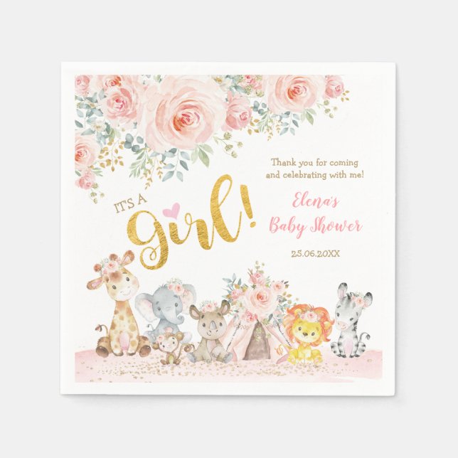 Rosa Guld Jungle Safari Animals Baby Shower Pappersservett (Framsidan)
