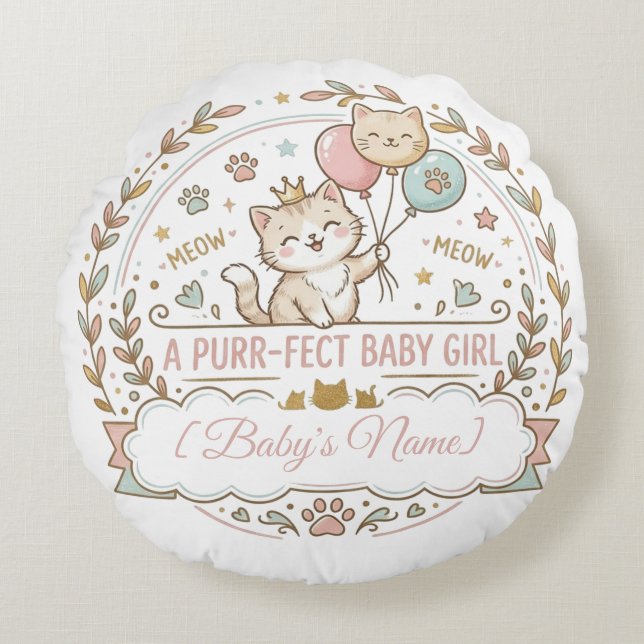 Rosa & Guld Katt-tema Present till Bebis-shower Rund Kudde (Framsidan)