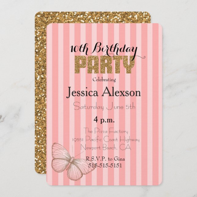  Rosa Guld Konfetti Glitter 16:e födelsedag Inbjudningar (Fram/baksida)