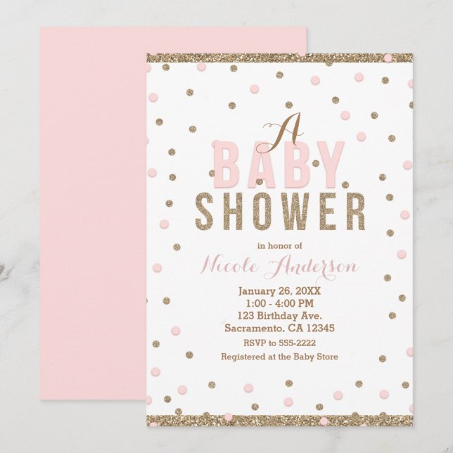 Rosa & Guld Konfetti Prickar Flickor Baby Shower Inbjudningar (Fram/baksida)