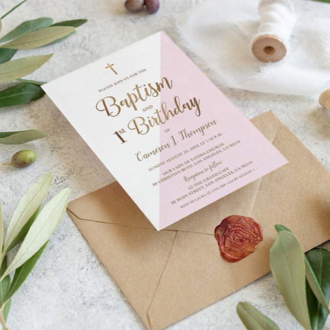 Rosa Guld Kor Baptism 1:a födelsedag Inbjudningar (Baptism and First birthday combined celebration party invitation pink gold white)
