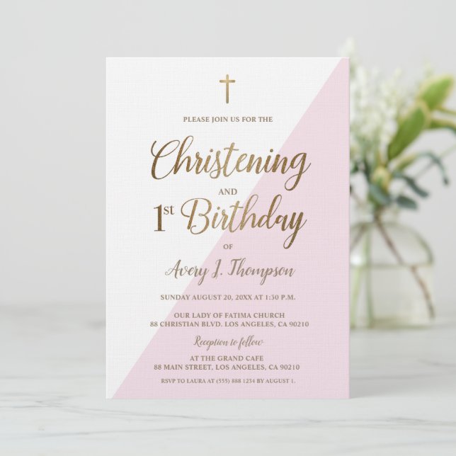 Rosa Guld Kor Christening 1:a födelsedag Inbjudningar (Stående Fram)