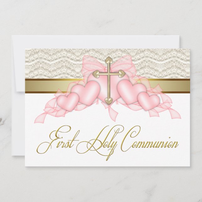 Rosa Guld Kor Girls Rosa First Communion Inbjudningar (Framsida)