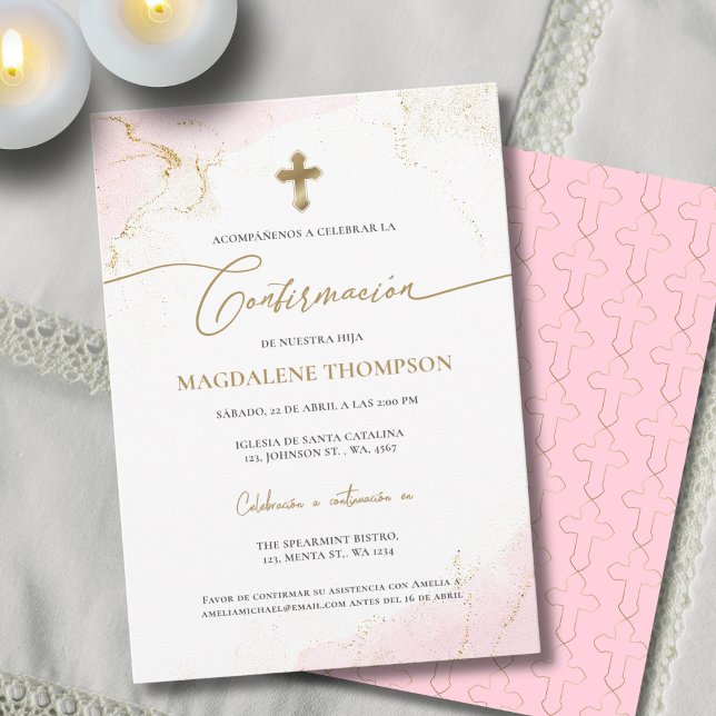 Rosa Guld Kors Flickbekräftelse Confirmacion Inbjudningar (Skapare uppladdad)