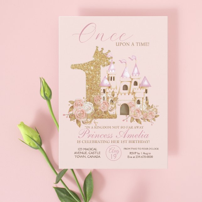 Rosa Guld Krona Castle Princess 1:a födelsedagen Inbjudningar (Skapare uppladdad)