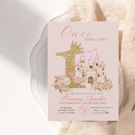 Rosa Guld Krona Castle Princess 1:a födelsedagen Inbjudningar