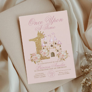 Rosa Guld Krona Castle Princess 1st Birthday Invi Inbjudningar