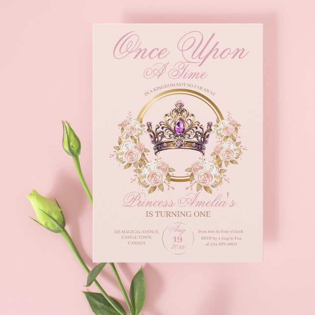 Rosa Guld Krona Princess 1:a födelsedag Inbjudningar (Skapare uppladdad)