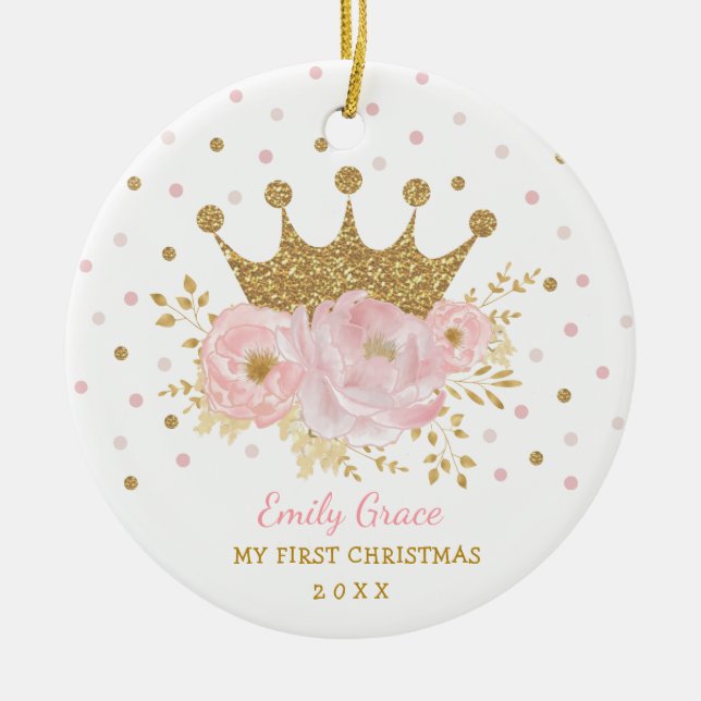 Rosa Guld Krona Princess Baby 1:a jul Julgransprydnad Keramik (Framsidan)