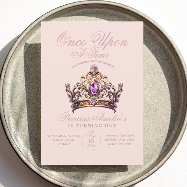 Rosa Guld Krona Princess First Birthday Inbjudningar (Skapare uppladdad)