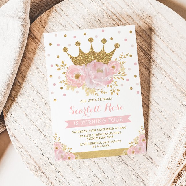 Rosa Guld Krona Princess Girly Blommigt Birthday Inbjudningar (Skapare uppladdad)