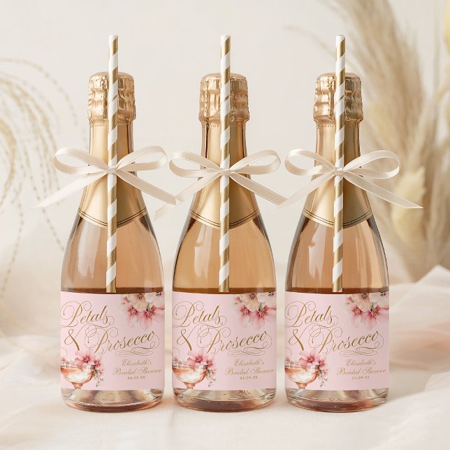 Rosa Guld Kronblad och Prosecco Bröllopsfest (Pink Gold Petals and Prosecco Bridal Shower Sparkling Wine Label)