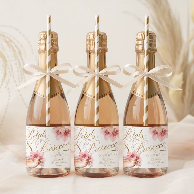 Rosa Guld Kronblad och Prosecco Bröllopsfest (Pink Gold Petals and Prosecco Bridal Shower Sparkling Wine Label)
