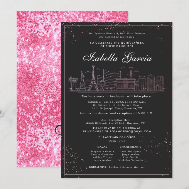 Rosa Guld Las Vegas Quinceañera Birthday Inbjudningar (Fram/baksida)