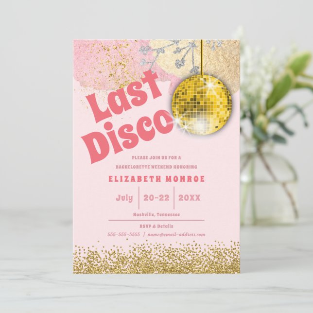 Rosa Guld Last Disco Retro Glam Bachelorette Inbjudningar (Stående Fram)