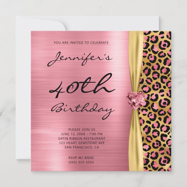 Rosa Guld Leopard Foil Gem Ribbon 40 Birthday Inbjudningar (Framsida)