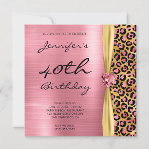 Rosa Guld Leopard Foil Gem Ribbon 40 Birthday Inbjudningar