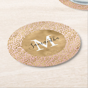 Rosa Guld Leopard Skriv ut Glitz-Gnistra Underlägg Papper Rund