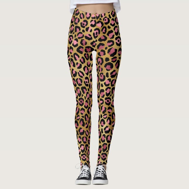 Rosa Guld Leopardmönster Leggings (Framsida)