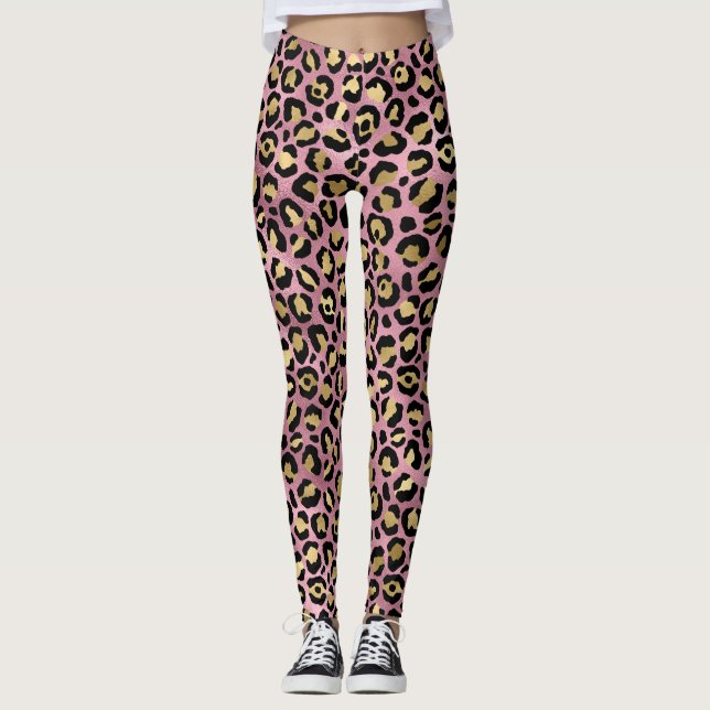 Rosa Guld Leopardmönster Leggings (Framsida)