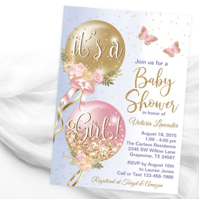 Rosa Guld Lila Ballons Butterfly Baby Shower Inbjudningar (Pretty butterflies and balloons baby shower invitation. )