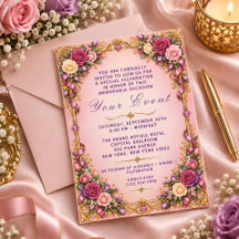 Rosa guld lila blommig inbjudan