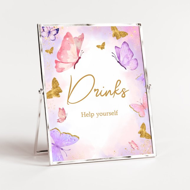 Rosa Guld Lila Butterfly Baby Shower Drinjer Poster (Boho Butterfly Baby Shower Drinks Sign)