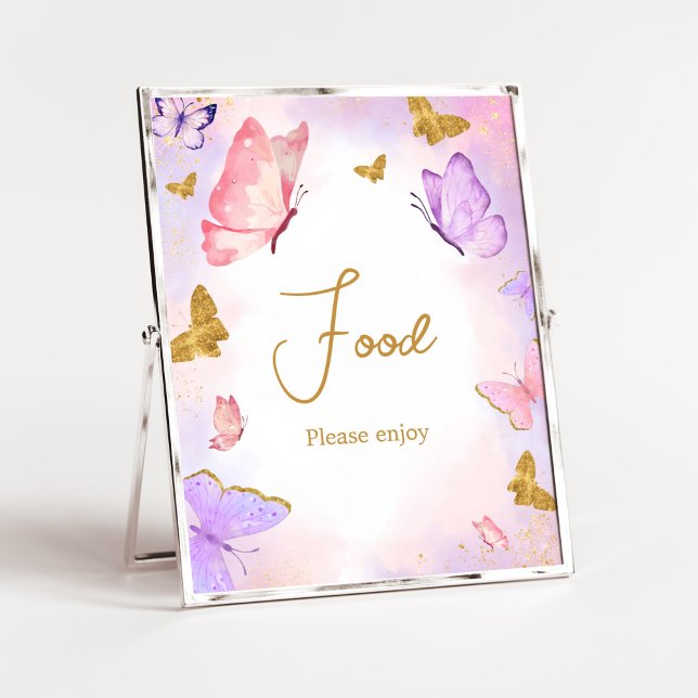 Rosa Guld Lila Butterfly Baby Shower Food Poster (Boho Butterfly Baby Shower Food Sign)