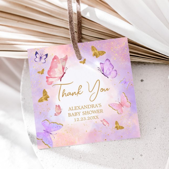 Rosa Guld Lila Butterfly Baby Shower Gåvor Etiketter (Pink Gold Purple Butterfly Baby Shower Square Favor Tags )