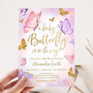 Rosa Guld Lila Butterfly Baby Shower Inbjudningar