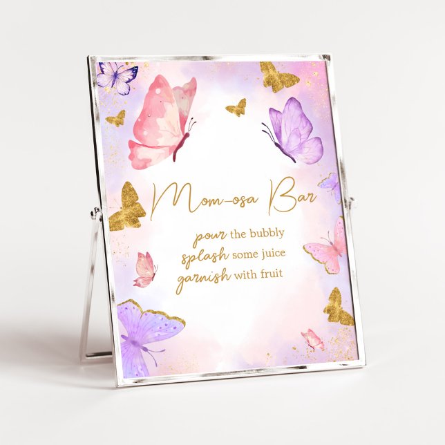 Rosa Guld Lila Butterfly Baby Shower Mamma Osa Pub Poster (Boho Butterfly Baby Shower Mom Osa Bar Sign)