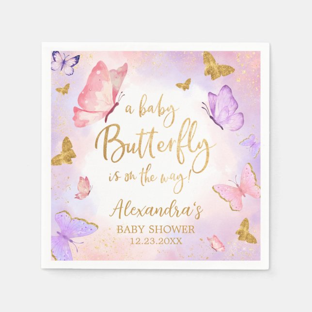 Rosa Guld Lila Butterfly Baby Shower Pappersservett (Framsidan)
